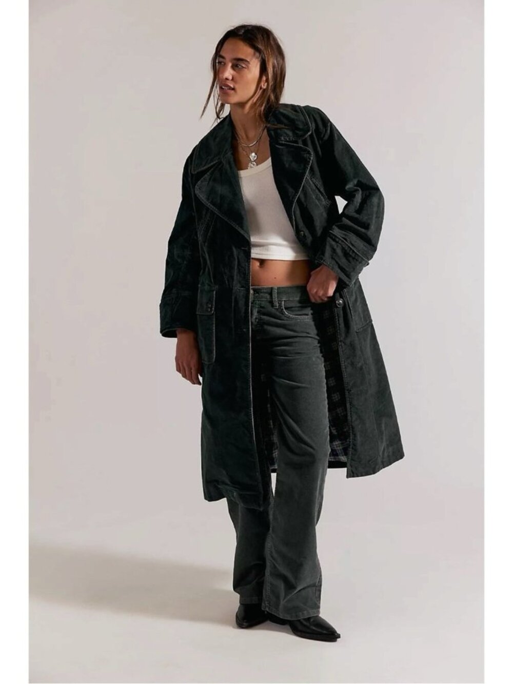 Free People Retro 70s Fox Cord Corduroy Duster Trench Coat Dark Charcoal Medium - Picture 3 of 16